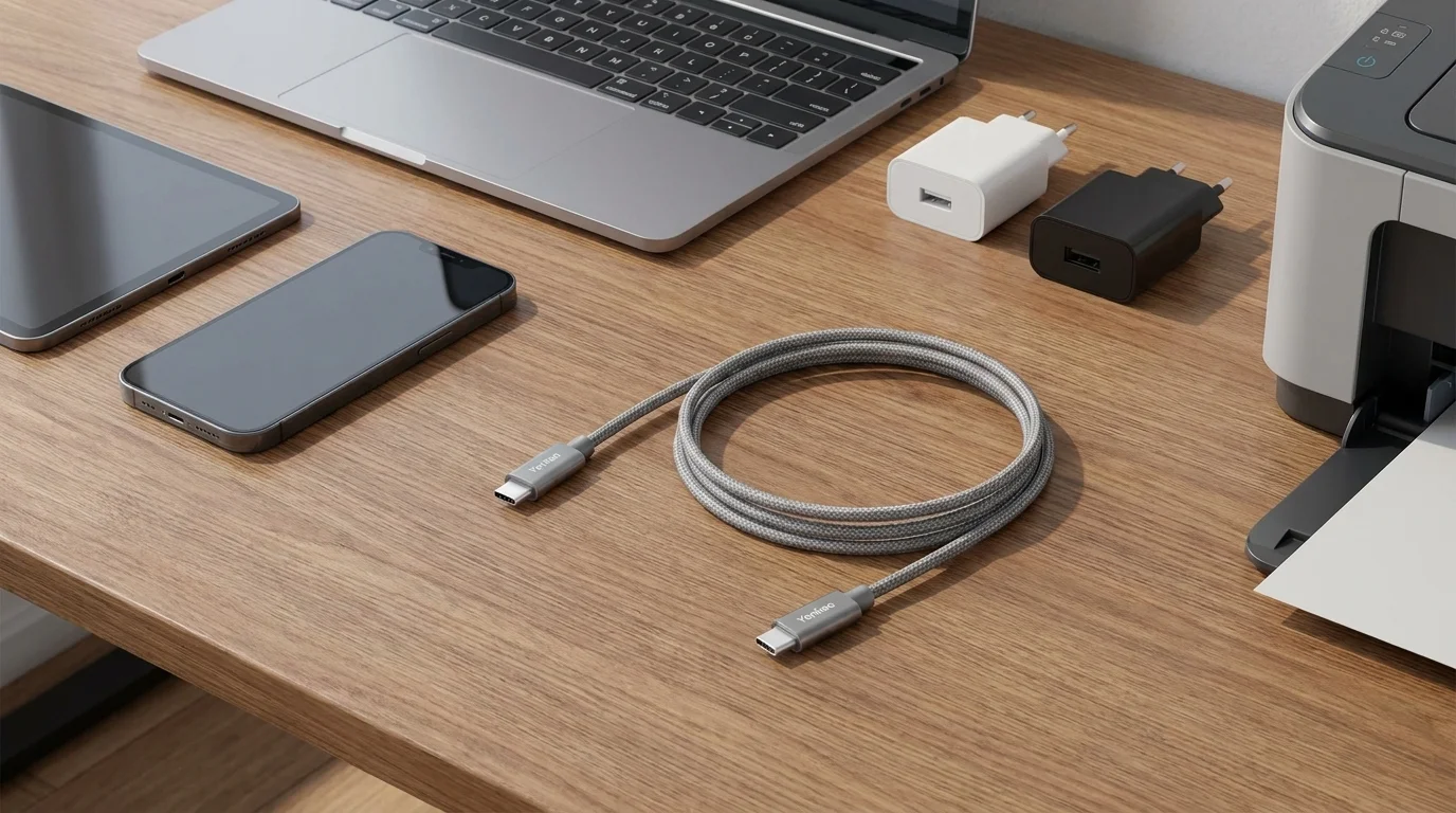 Svinutý šedý USB-C kabel Yenkee s textilním opletením na dřevěném stole vedle notebooku a chytrého telefonu.