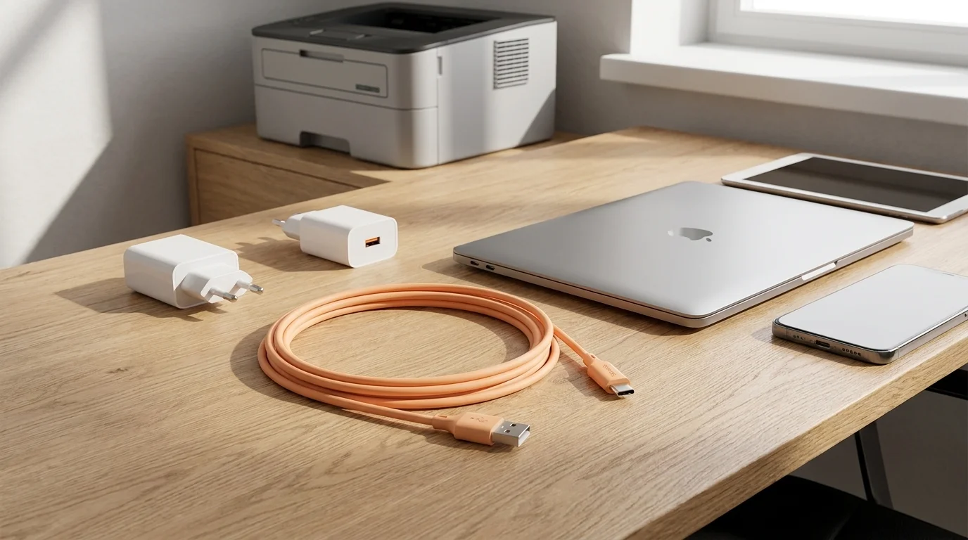 Oranžový silikonový kabel Yenkee YCU 315 OE na dřevěném stole vedle nabíjecích adaptérů, notebooku a telefonu.