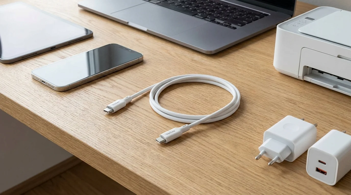 Biely USB-C kábel Yenkee zvinutý na drevenom pracovnom stole vedľa smartfónu, notebooku a napájacích adaptérov.