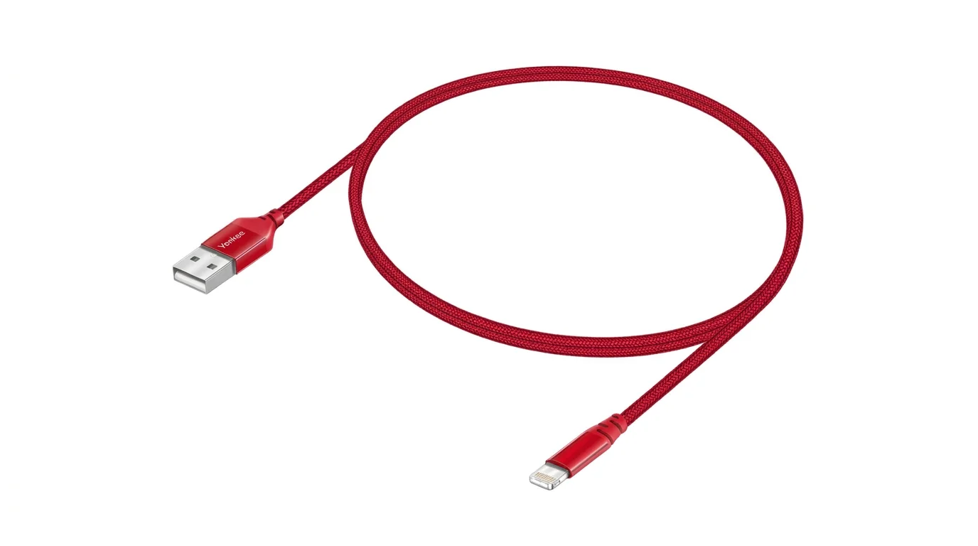 Červený opletený kábel Yenkee s konektormi USB-A a Lightning.