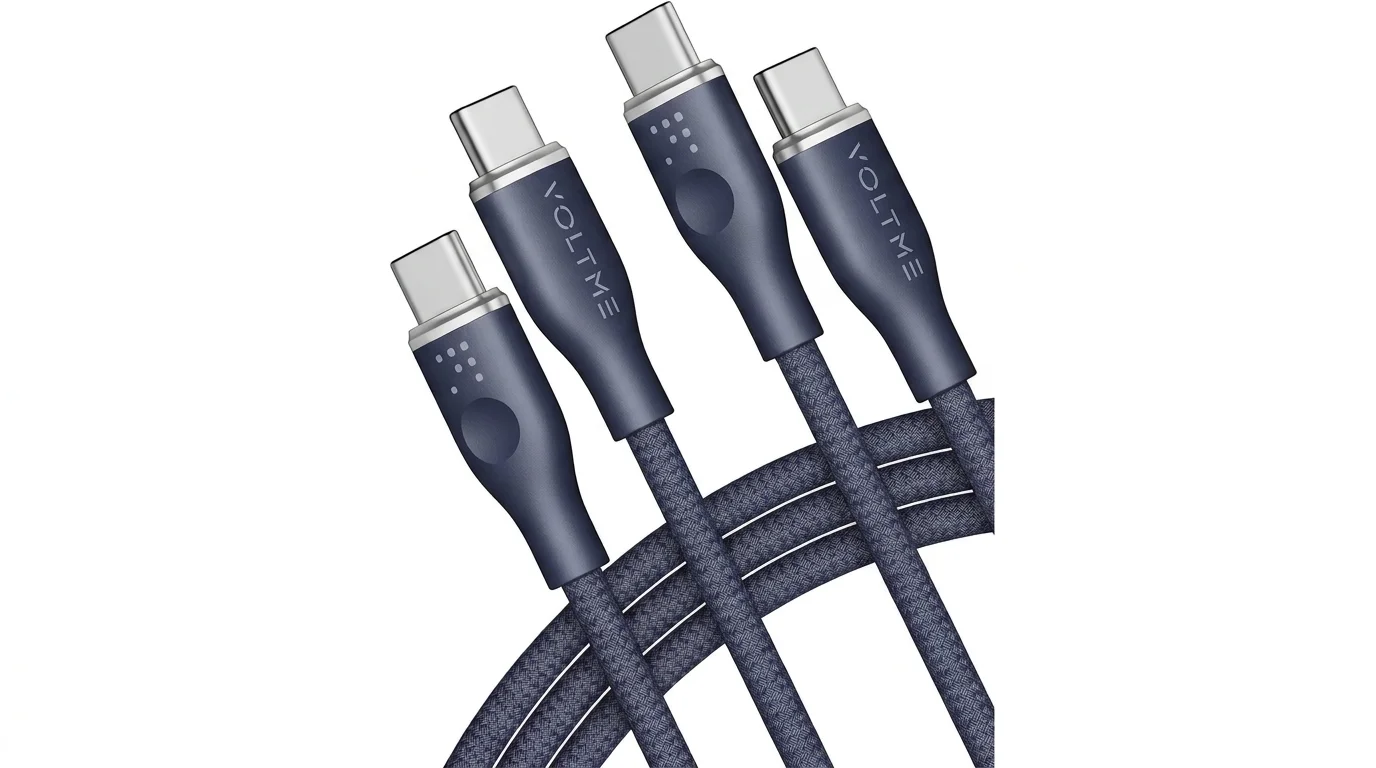Konektory modrého textilně opleteného USB-C kabelu Voltme Powerlink Rugg.