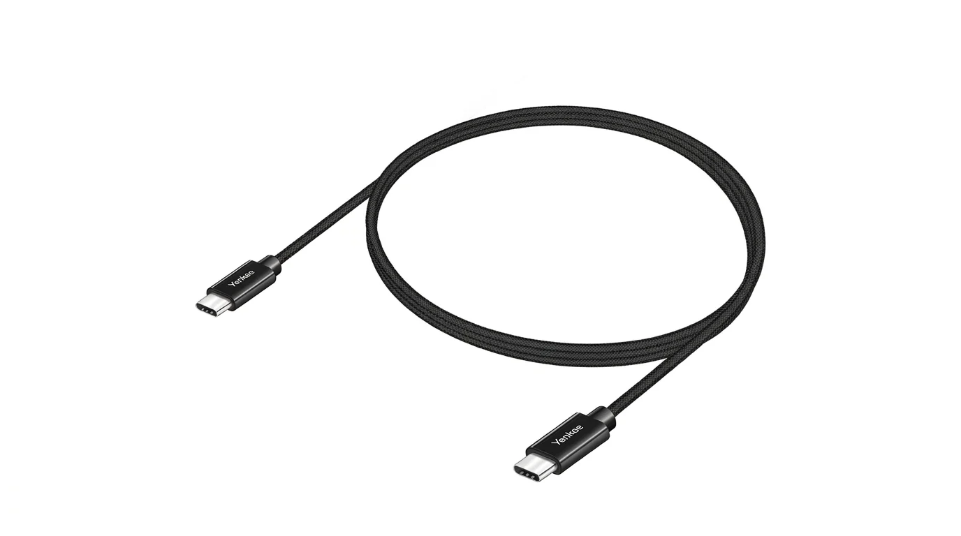 Čierny opletený kábel Yenkee s konektormi USB-C na oboch koncoch zvinutý do kruhu.