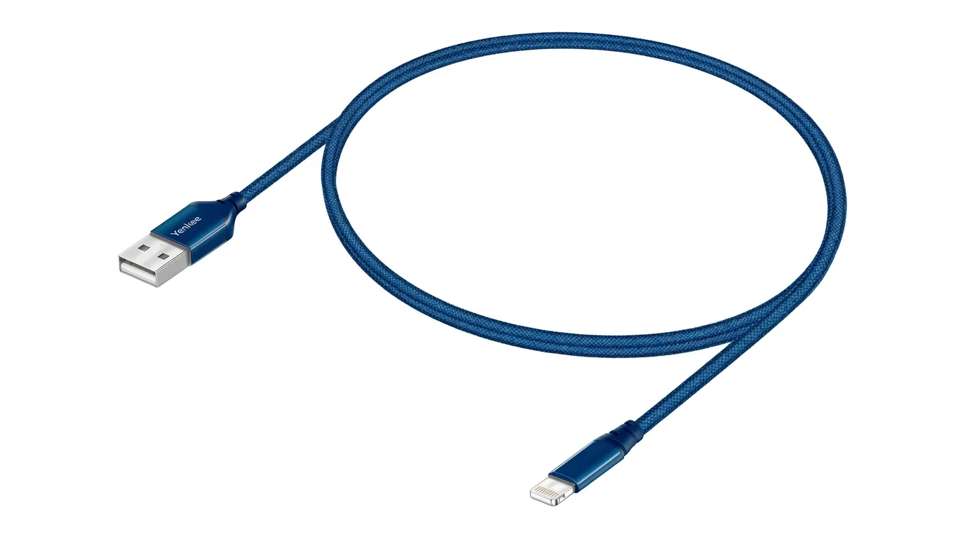 Modrý textilně opletený datový kabel Yenkee s konektory USB-A a Lightning.