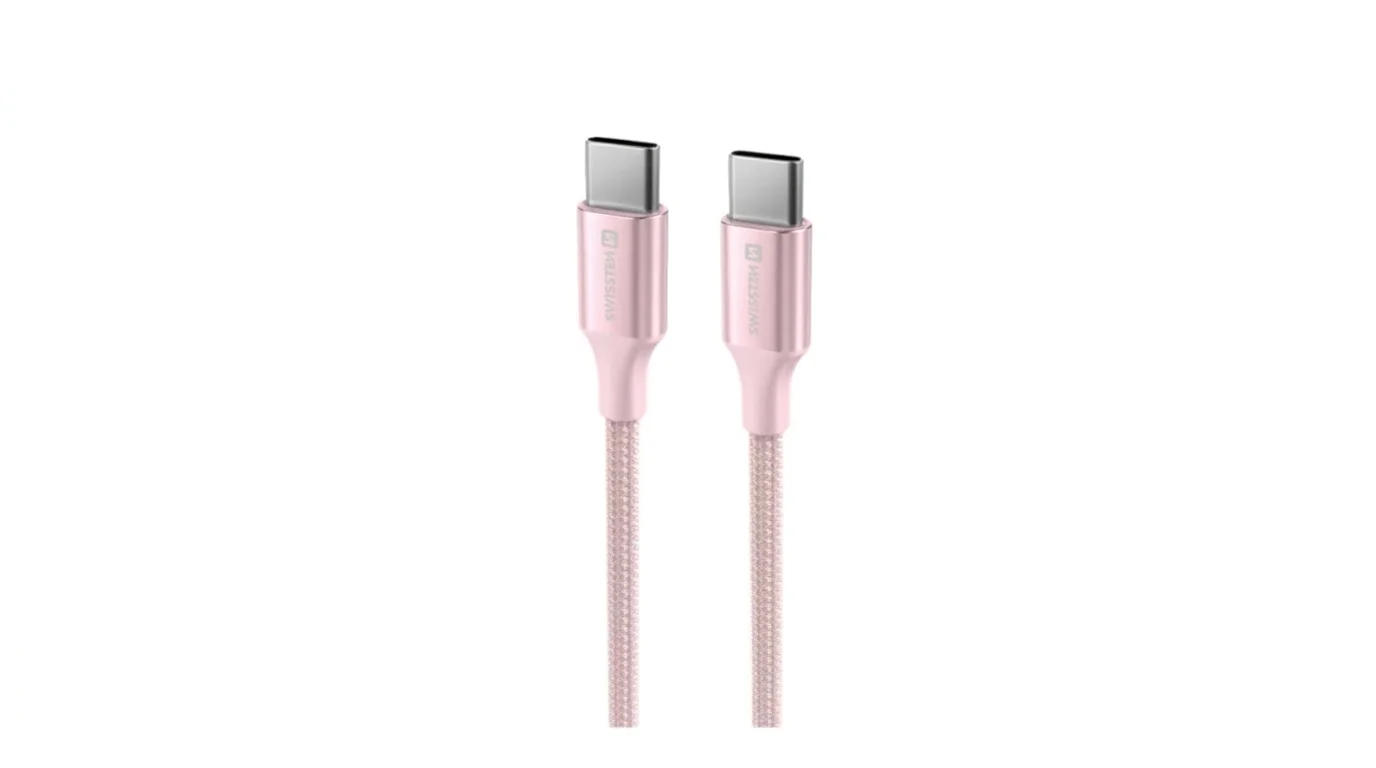 Dva růžové USB-C konektory datového kabelu Swissten Textile II s textilním opletením.