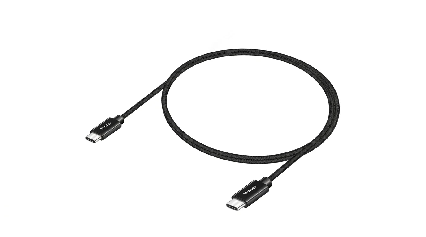 Čierny textilom opletený kábel Yenkee s dvoma konektormi USB-C stočený do kruhu.