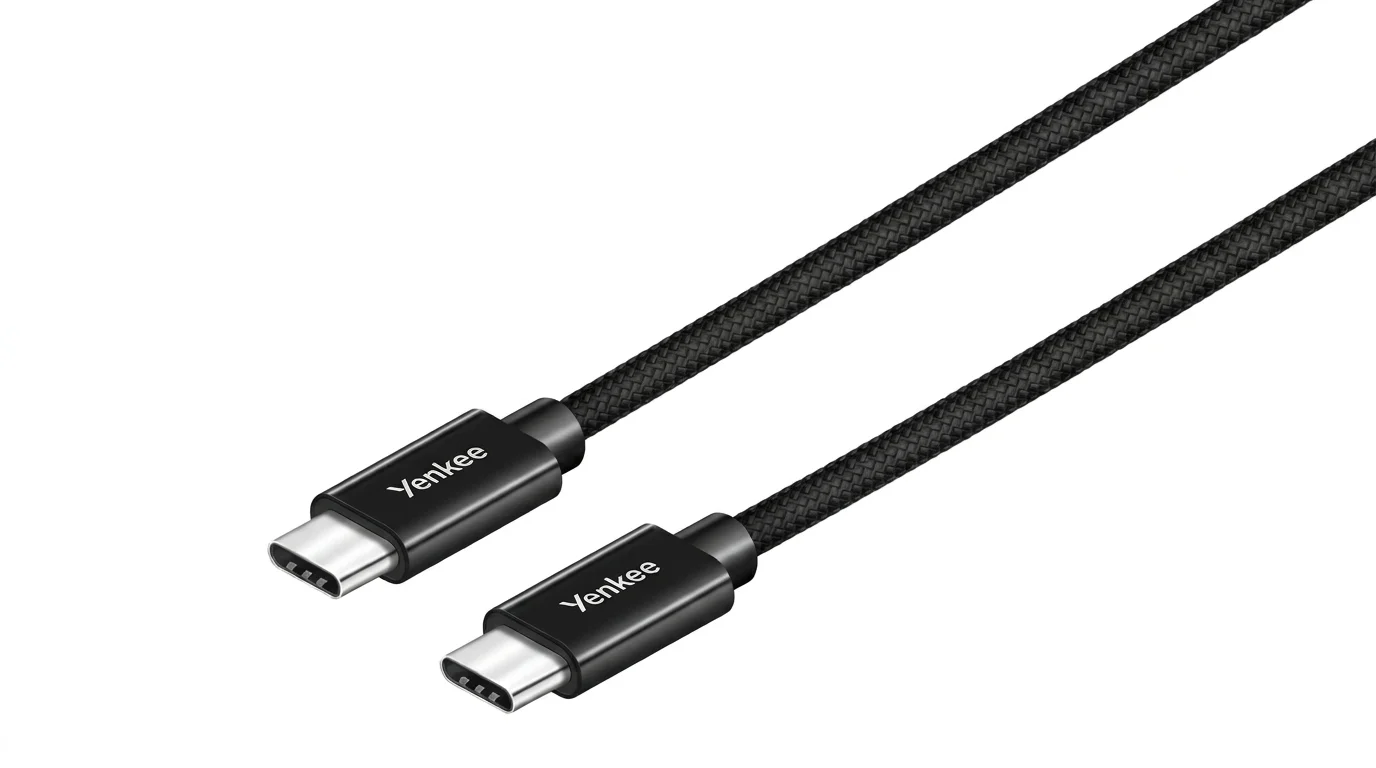 Čierny textilne opletený kábel Yenkee s dvoma konektormi USB-C.