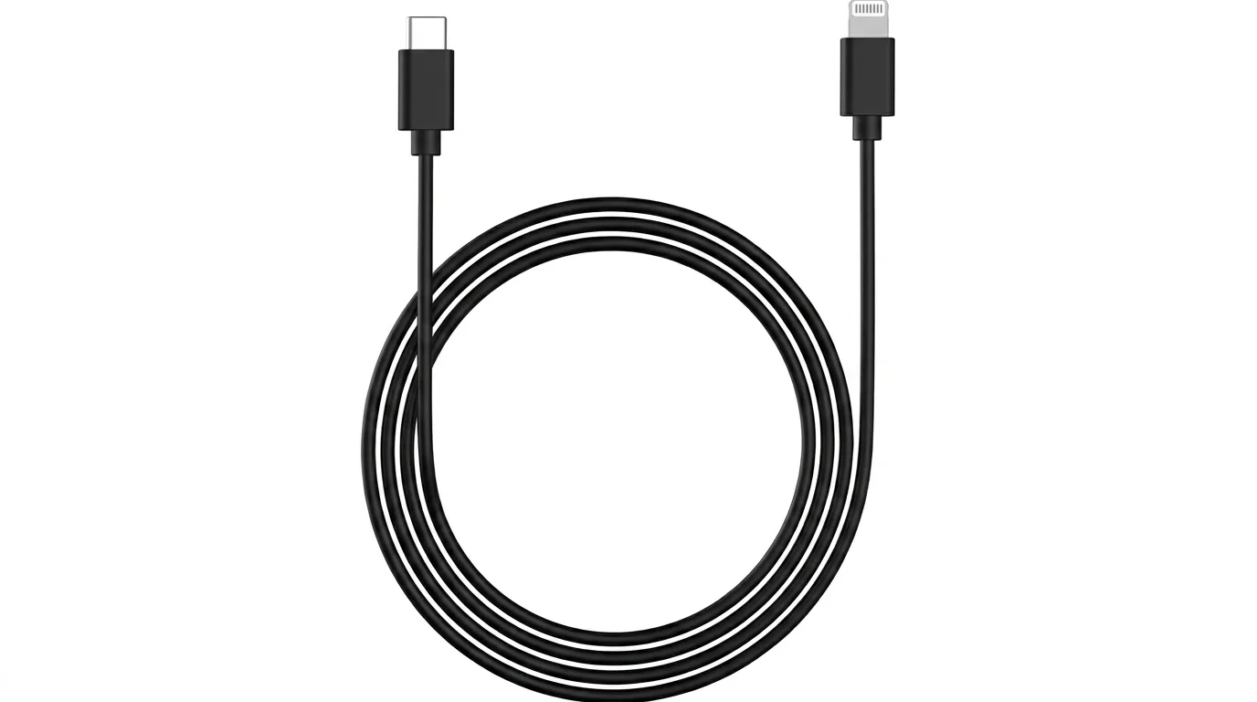 Čierny zvinutý kábel Yenkee YCU SE 645 BK s konektormi USB-C a Lightning.