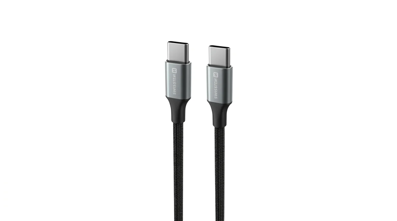Hliníkové USB-C konektory černého textilně opleteného kabelu Swissten.
