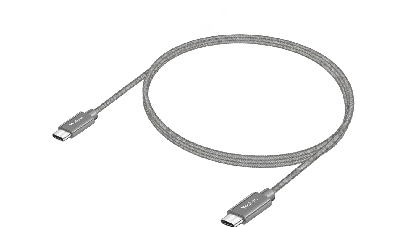 Sivý opletený USB-C kábel Yenkee stočený do kruhu s hliníkovými konektormi na oboch koncoch.