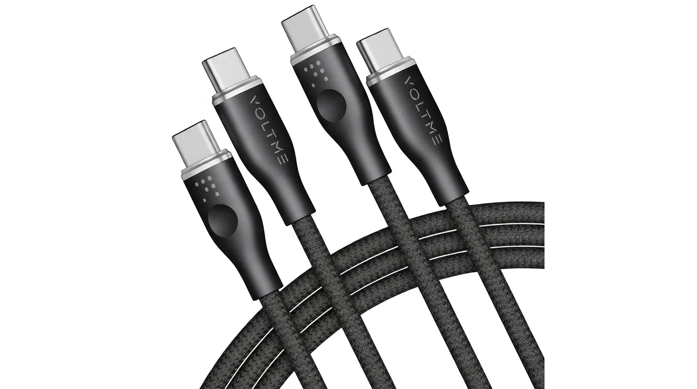 Černé USB-C konektory a odolný textilně opletený kabel Voltme.