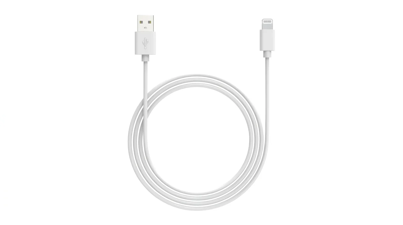 Bílý datový kabel Yenkee YCU SE 625 WH svinutý do kruhu s konektory USB-A a Lightning.