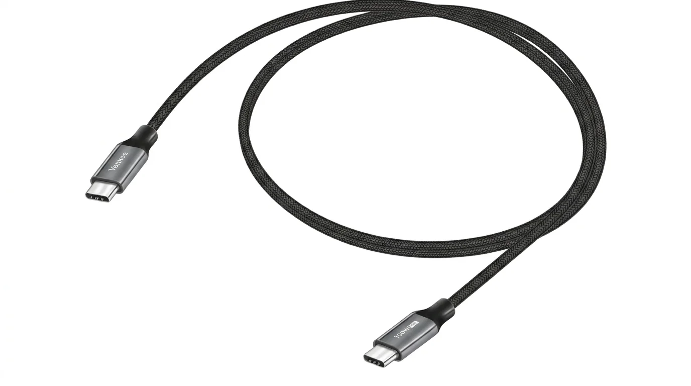 Čierny opletený USB-C kábel Yenkee s hliníkovými konektormi.