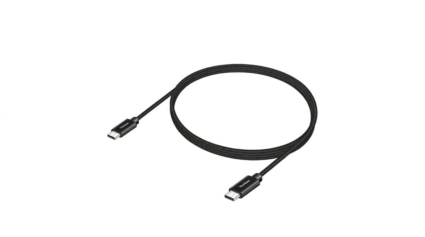 Zvinutý čierny kábel Yenkee YCU C103 BK s nylonovým opletením a dvoma USB-C konektormi.