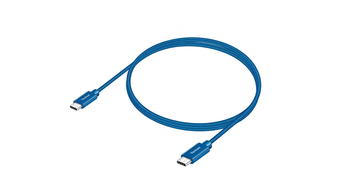 Modrý opletený kábel Yenkee s konektormi USB-C na oboch koncoch stočený do slučky.