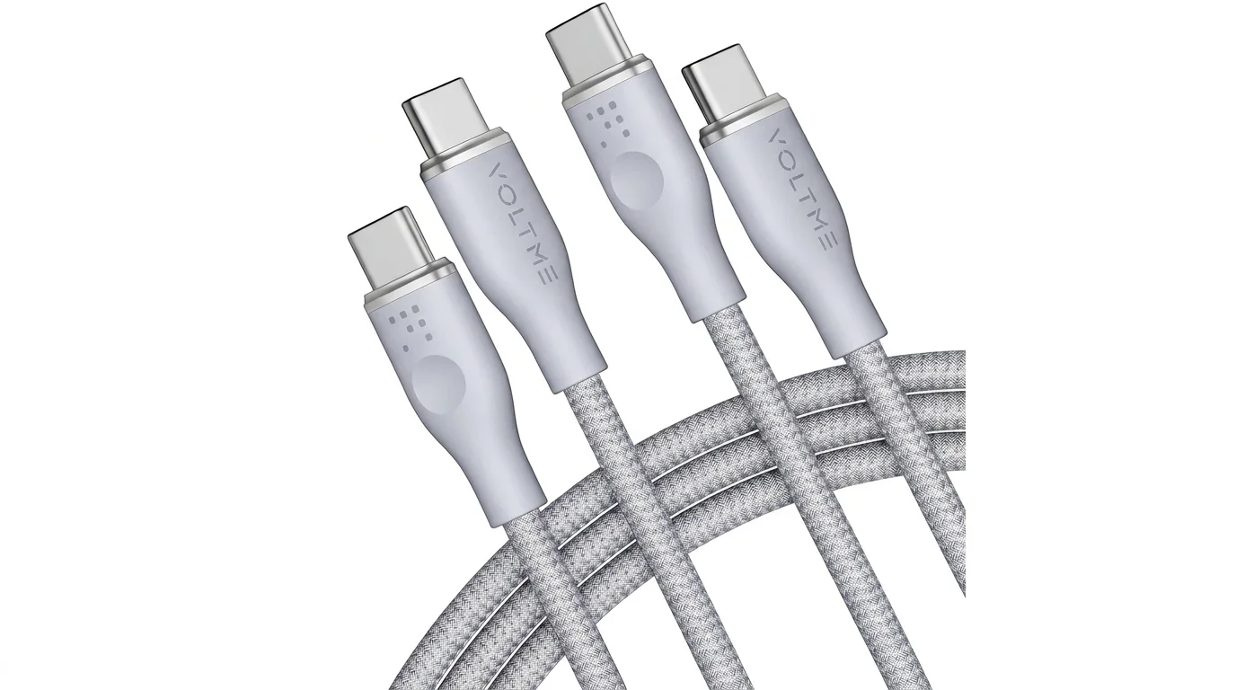 Detail šedých USB-C konektorů značky Voltme s textilně opleteným kabelem.