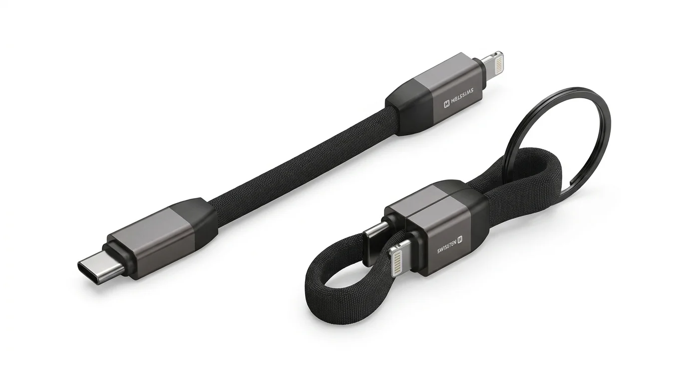 Krátký černý opletený kabel Swissten s konektory USB-C a Lightning, zobrazený rovný a sepnutý jako klíčenka na kroužku.