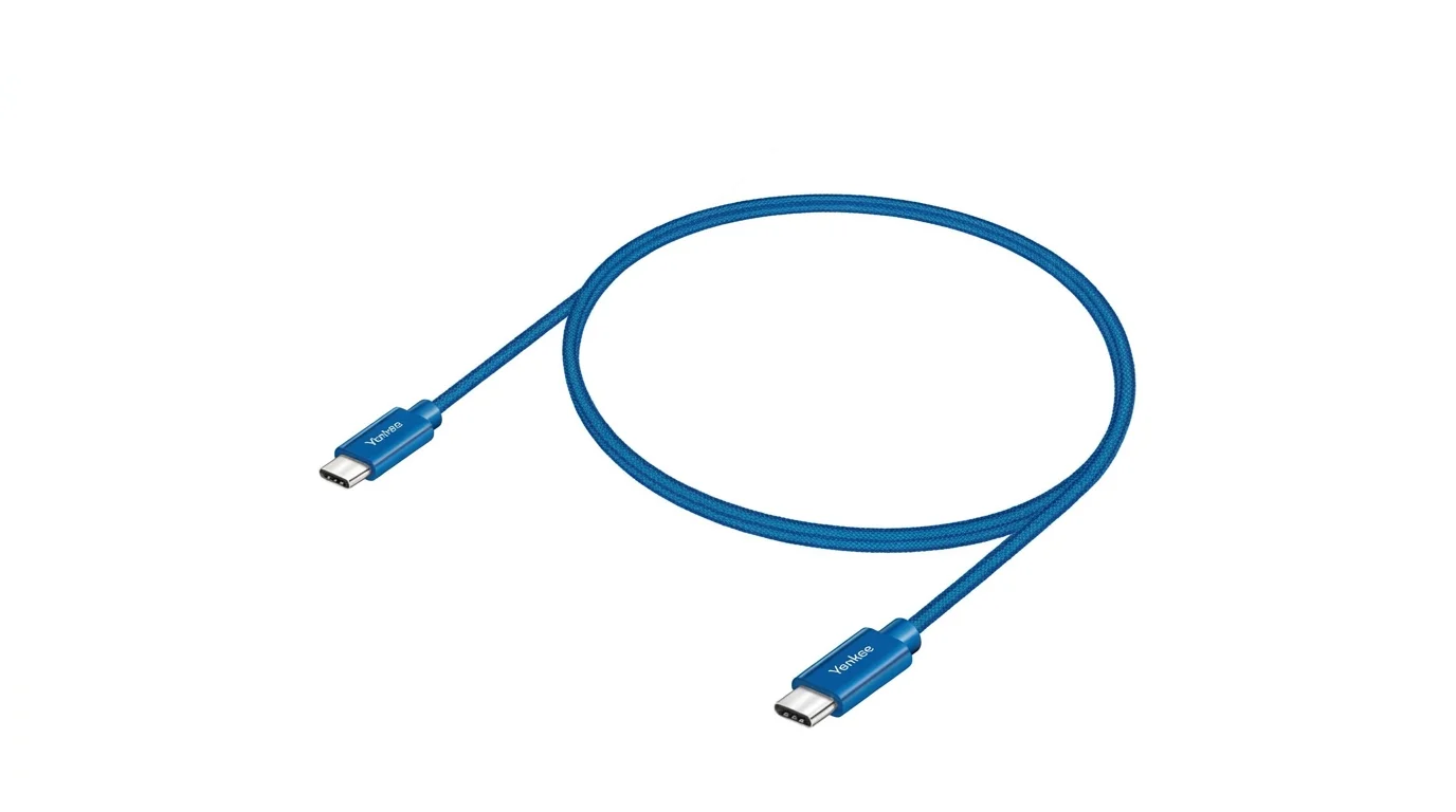 Modrý opletený USB-C kábel Yenkee YCU C101 BE s obojstrannými konektormi USB-C.