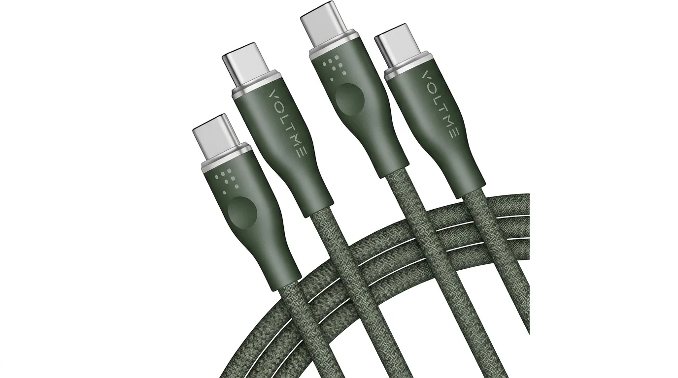 Zelené USB-C konektory kabelu Voltme s odolným textilním opletením.