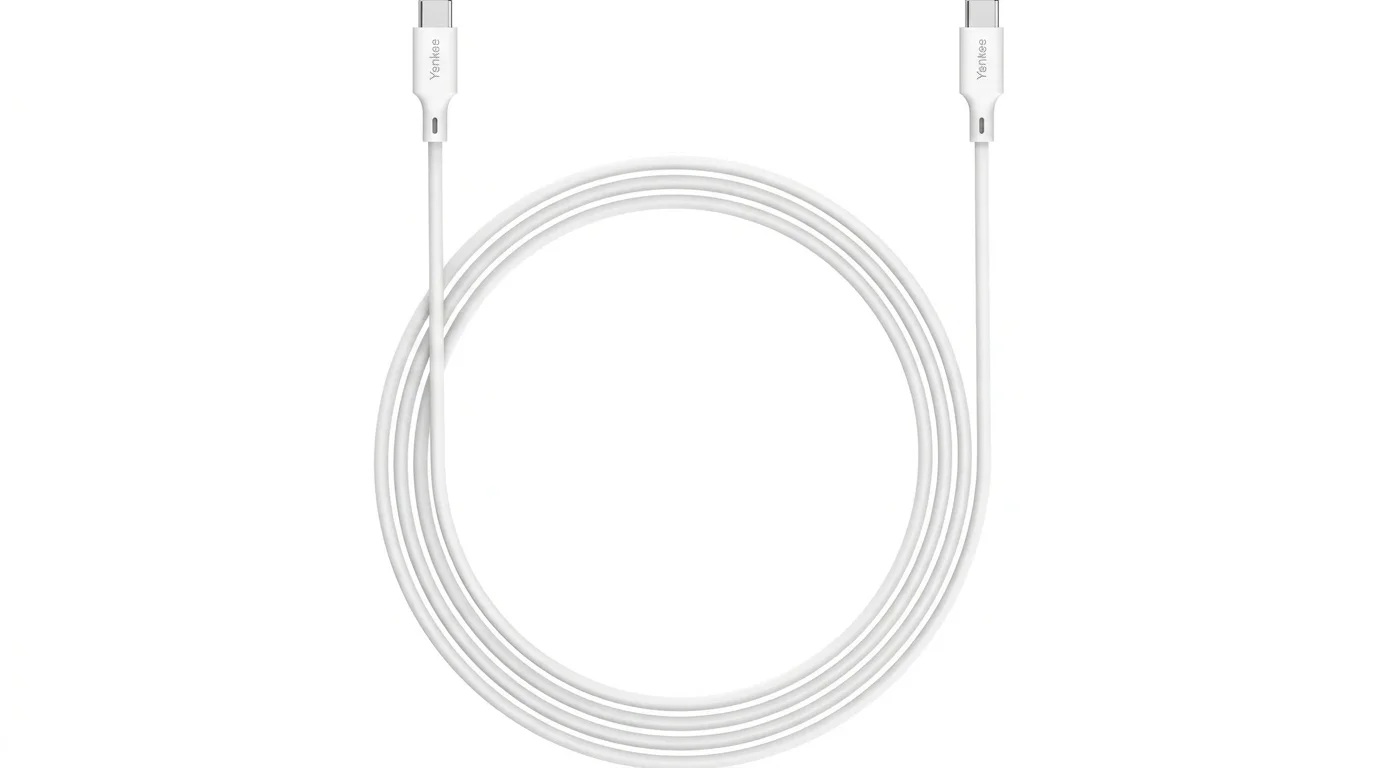 Biely zvinutý USB-C kábel Yenkee s USB-C konektormi na oboch koncoch.