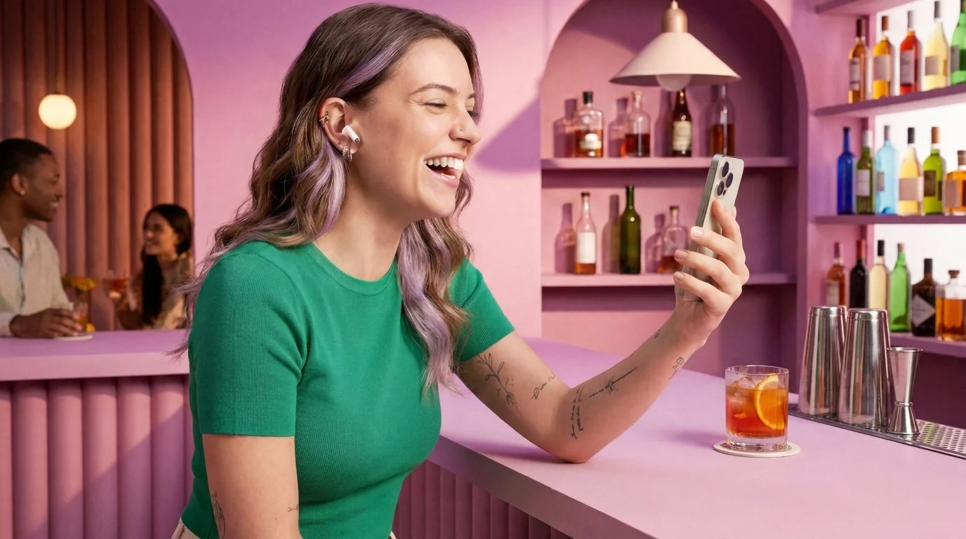 Usmívající se žena s bezdrátovým sluchátkem v uchu drží smartphone u barového pultu.