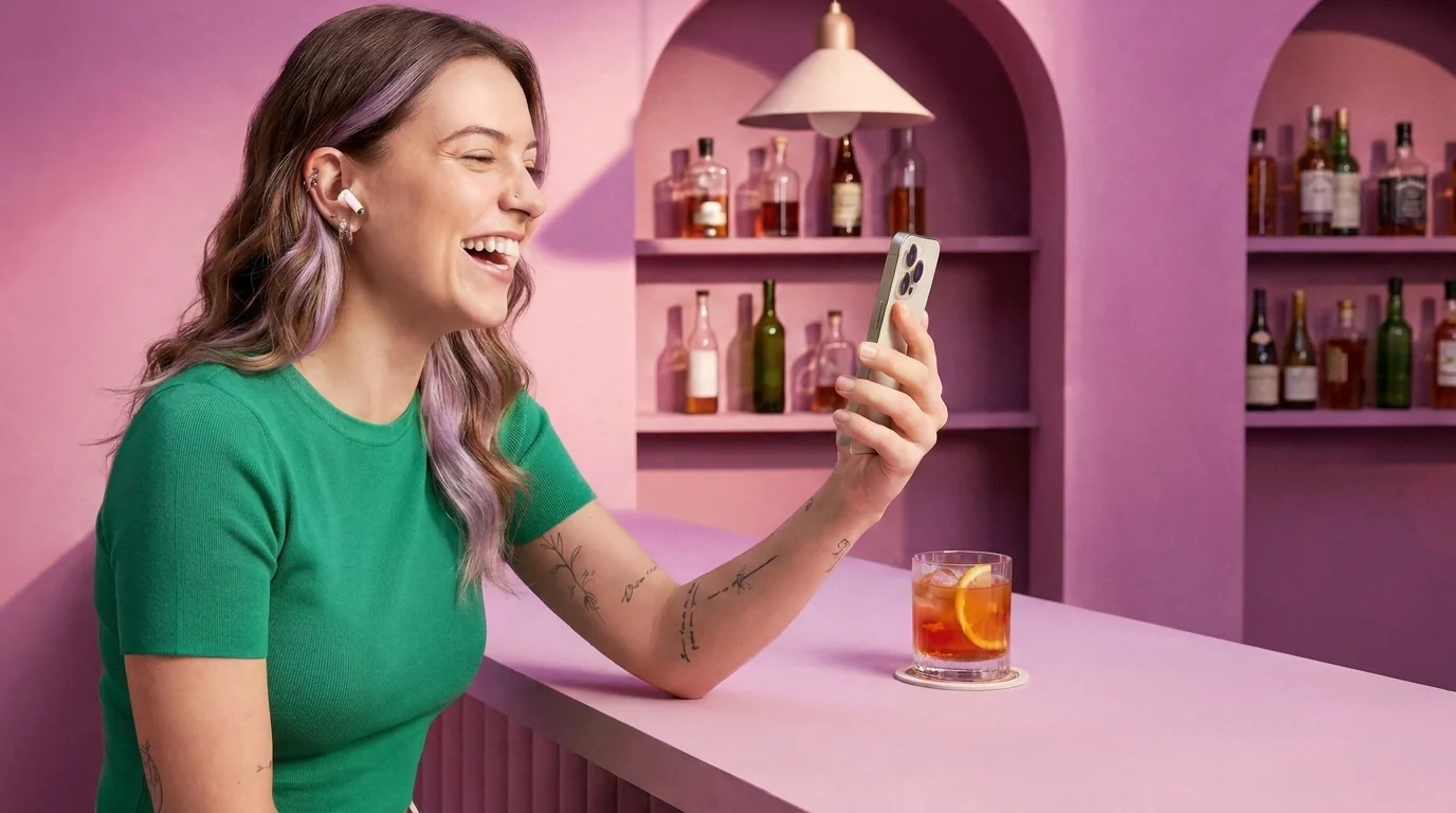 Usmívající se žena s bezdrátovým sluchátkem v uchu drží mobilní telefon u růžového baru s míchaným nápojem.