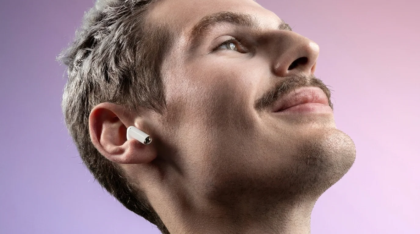 Muž s bílým bezdrátovým sluchátkem Niceboy Podsie 5 PRO v uchu hledící vzhůru.