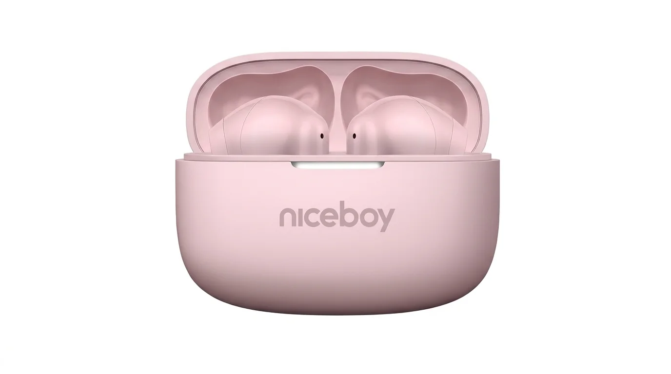 Bezdrátová sluchátka Niceboy Podsie 5 PRO Pink v otevřeném růžovém nabíjecím pouzdře.
