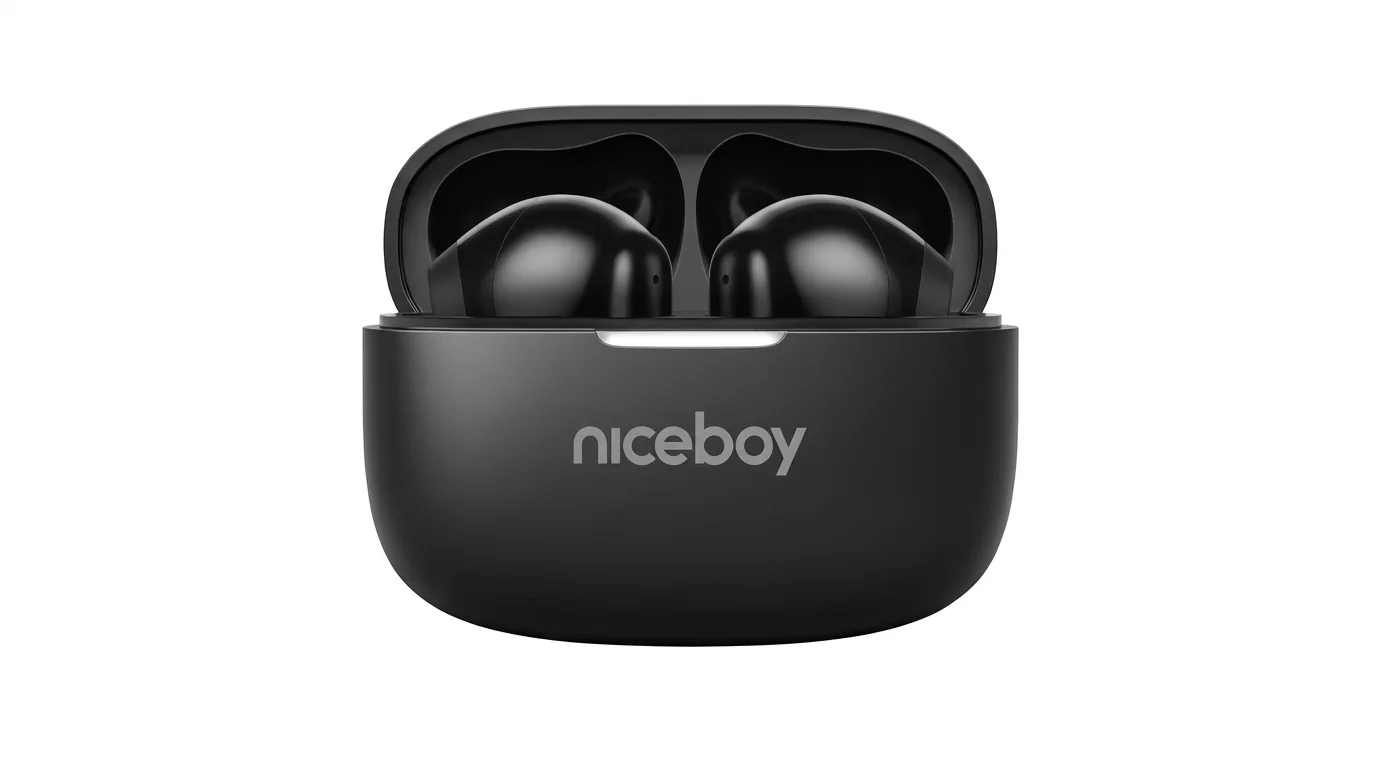 Černá bezdrátová sluchátka Niceboy Podsie 5 PRO v otevřeném nabíjecím pouzdře.