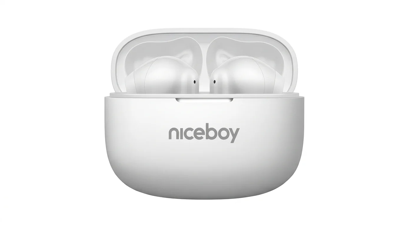 Bílá bezdrátová sluchátka Niceboy Podsie 5 PRO v otevřeném nabíjecím pouzdře.