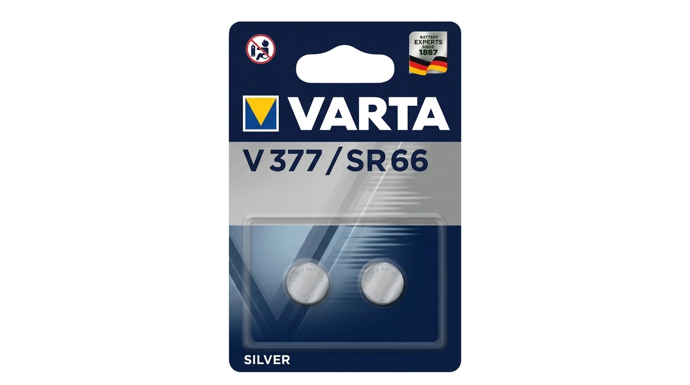 Blistrové balení se dvěma knoflíkovými bateriemi VARTA V 377 / SR 66.