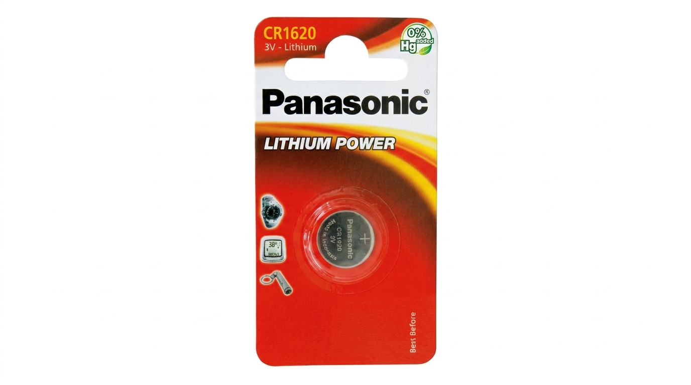 Blistrové balení s jednou mincovou lithiovou baterií Panasonic CR1620 3V z řady Lithium Power.