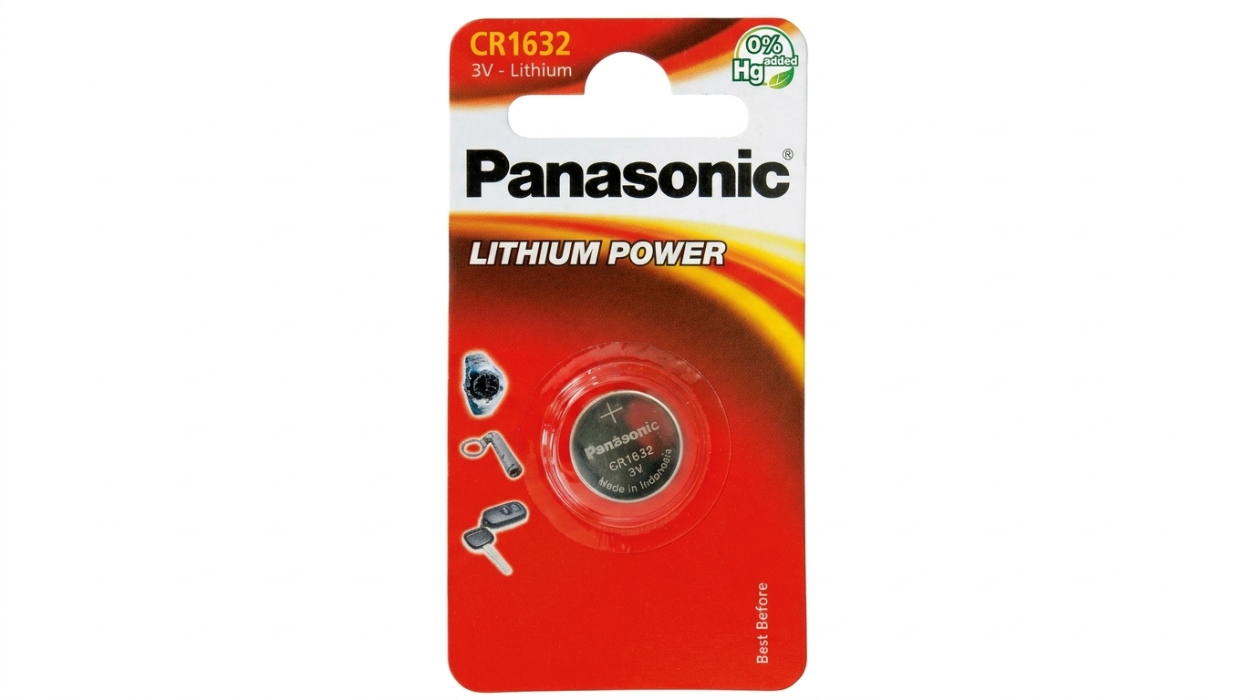 Blistrové balení s jednou lithiovou knoflíkovou baterií Panasonic CR1632 3 V.