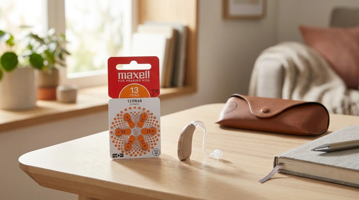 Balenie batérií Maxell AZ13/PR48 na drevenom stole vedľa béžového načúvacieho prístroja.