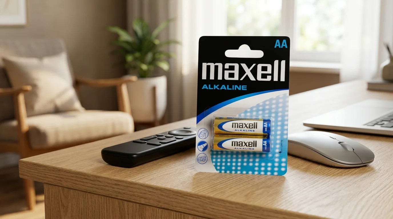 Blistrové balení dvou alkalických baterií Maxell AA na dřevěném stole vedle dálkového ovladače a počítačové myši.