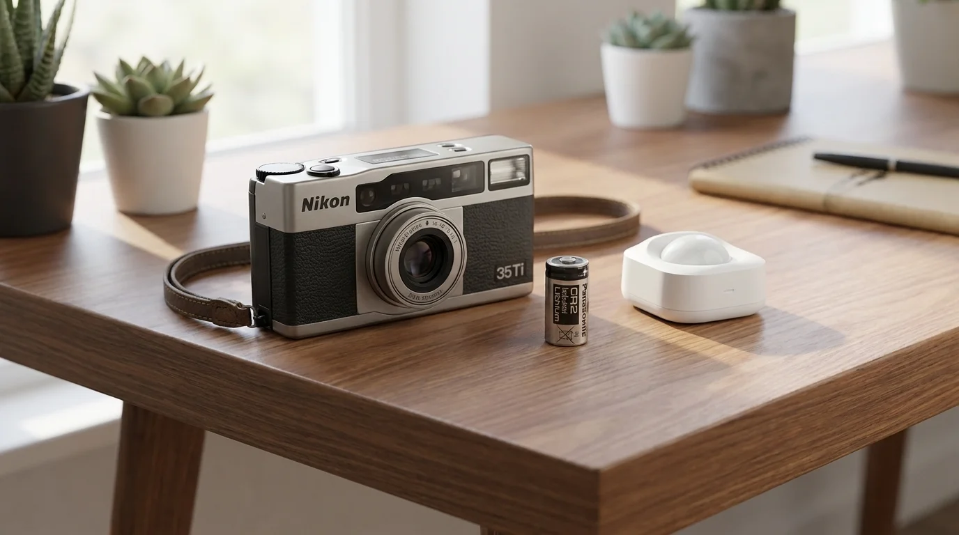 Baterie Panasonic CR2 stojí na dřevěném stole vedle kompaktního fotoaparátu Nikon a bílého senzoru.