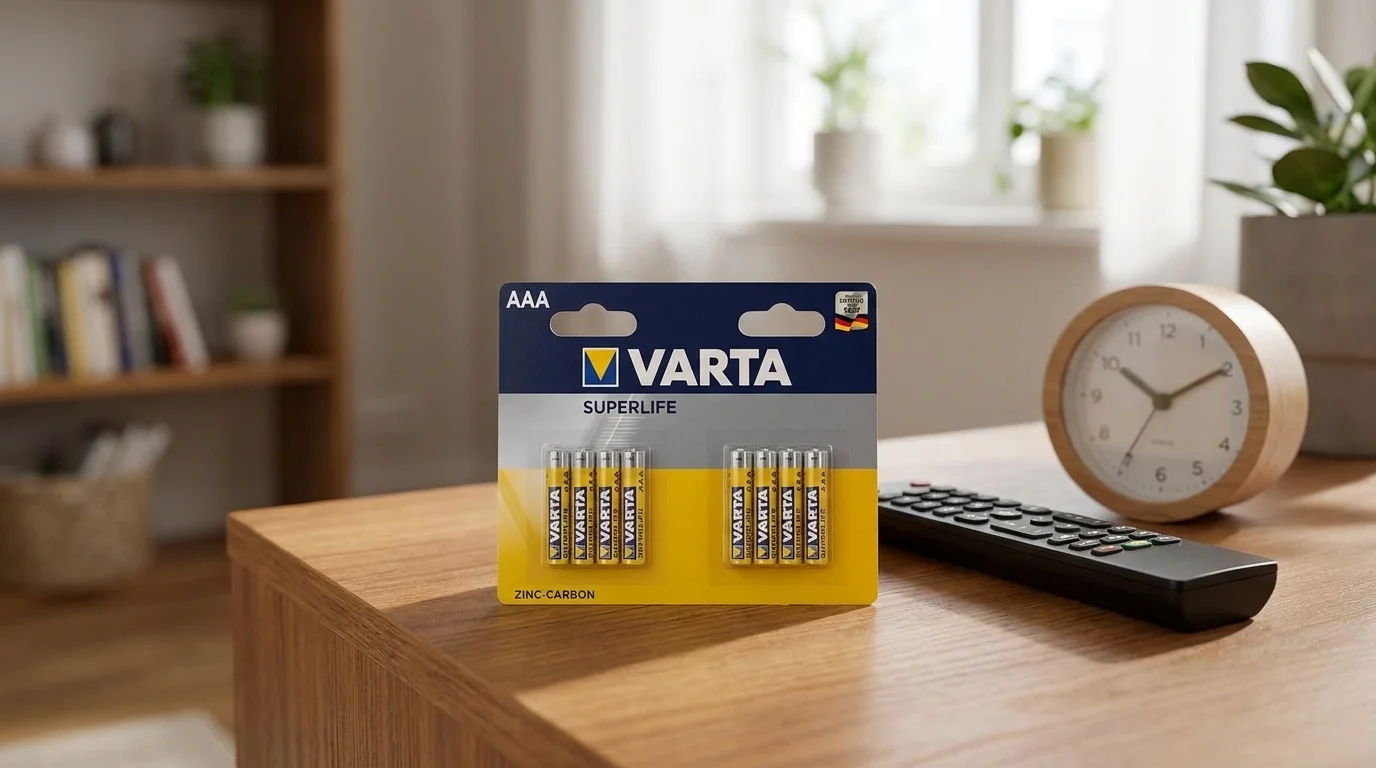 Balení osmi baterií VARTA Superlife AAA na dřevěném stole vedle dálkového ovladače a hodin.