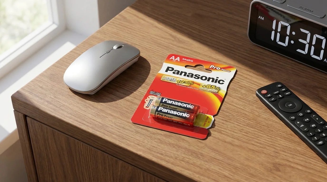 Balení dvou alkalických baterií Panasonic Pro Power AA na dřevěném stole vedle bezdrátové myši, dálkového ovladače a budíku.