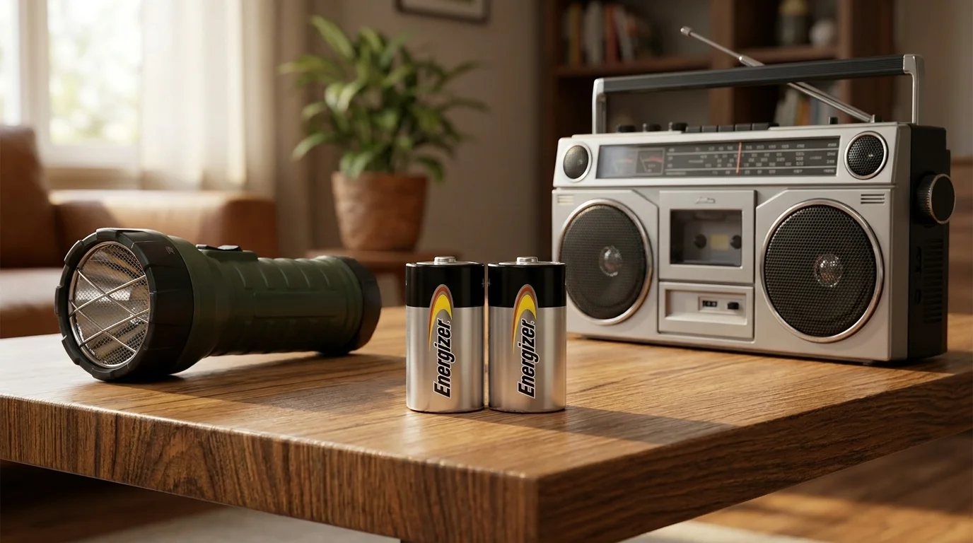 Dve alkalické batérie Energizer Base D stoja na drevenom stole vedľa svietidla a prenosného rádioprijímača.