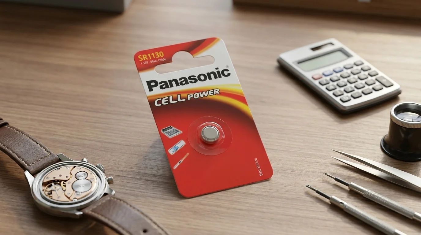 Blistr s knoflíkovou baterií Panasonic SR1130 na dřevěném stole vedle otevřených náramkových hodinek, hodinářského nářadí a kalkulačky.