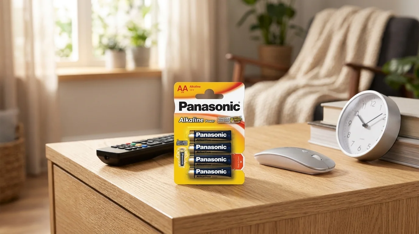 Balení čtyř baterií Panasonic Alkaline Power AA na stole vedle dálkového ovladače, počítačové myši a hodin.