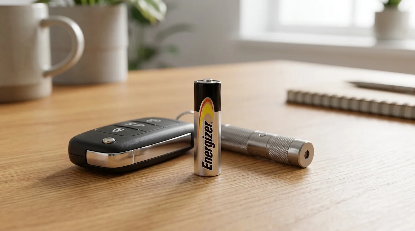 Batéria Energizer LR1/E90 stojaca na drevenom stole vedľa autokľúča a malého kovového svietidla.
