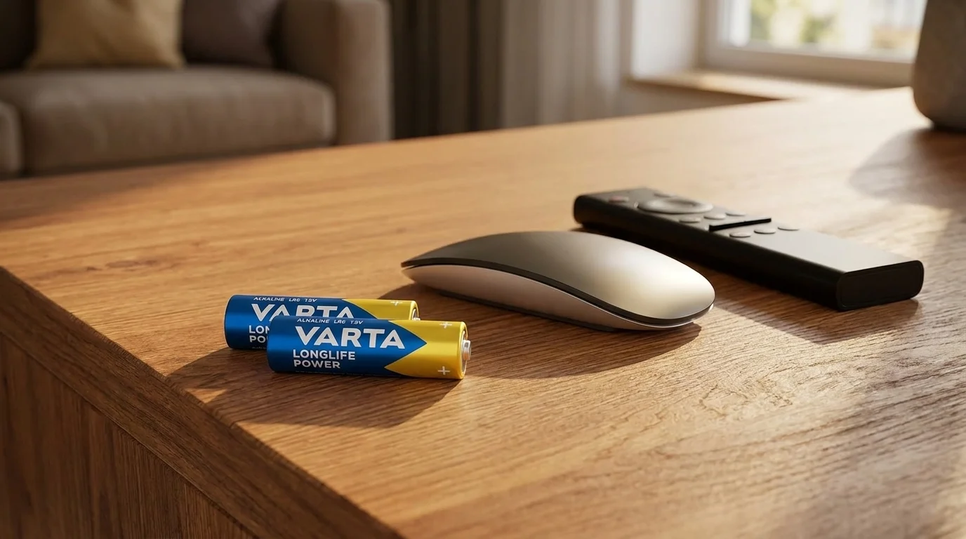 Dvě tužkové baterie VARTA Longlife Power AA položené na dřevěném stole vedle počítačové myši a dálkového ovladače.