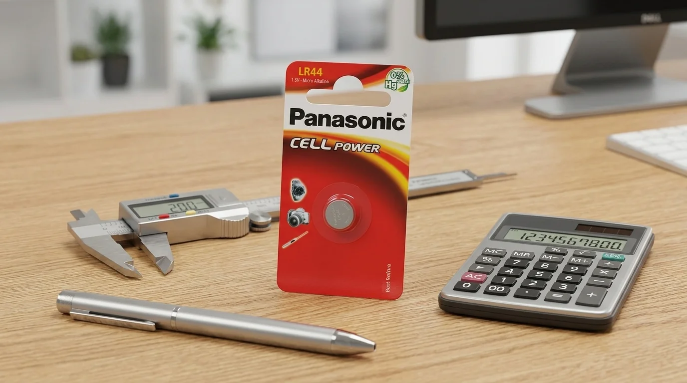 Blistr s knoflíkovou baterií Panasonic Cell Power LR44 na stole vedle kalkulačky, digitálního posuvného měřítka a pera.