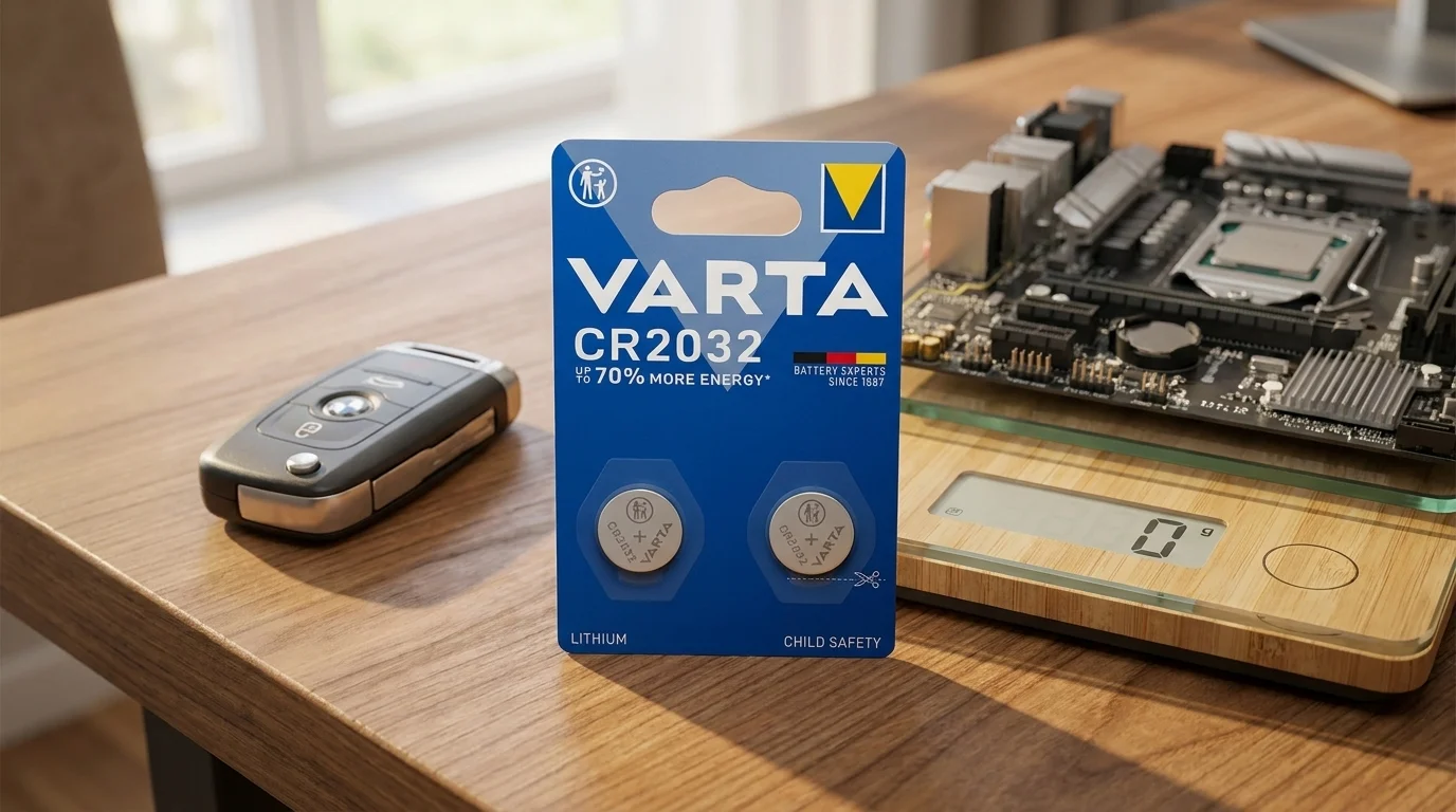 Balenie dvoch gombíkových batérií VARTA CR2032 na drevenom stole vedľa autokľúča a digitálnej váhy so základnou doskou.