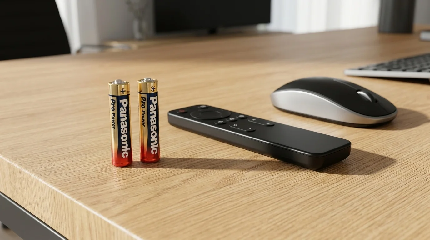 Dvě baterie Panasonic Pro Power AAA stojící na dřevěném stole vedle dálkového ovladače a počítačové myši.