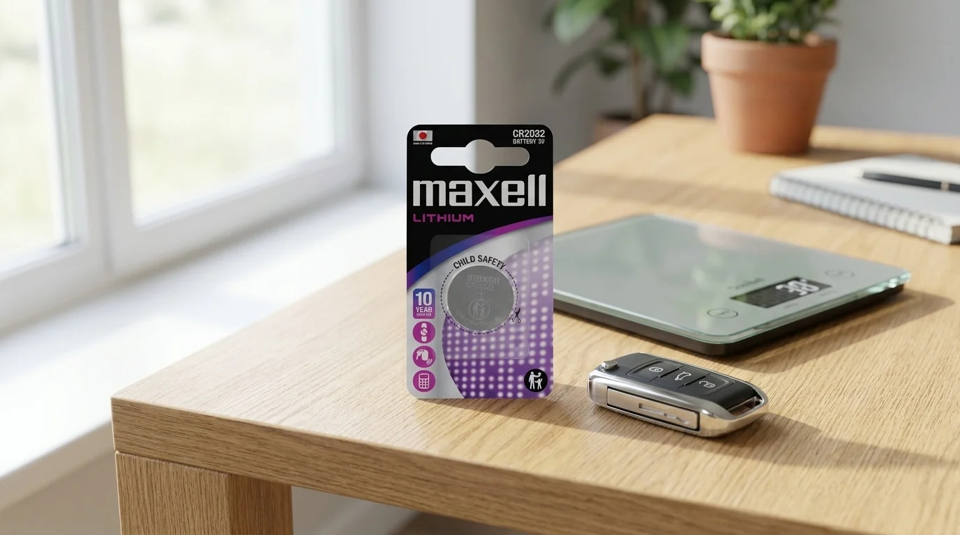 Balenie lítiovej gombíkovej batérie Maxell CR2032 na drevenom stole vedľa autokľúča a digitálnej váhy.