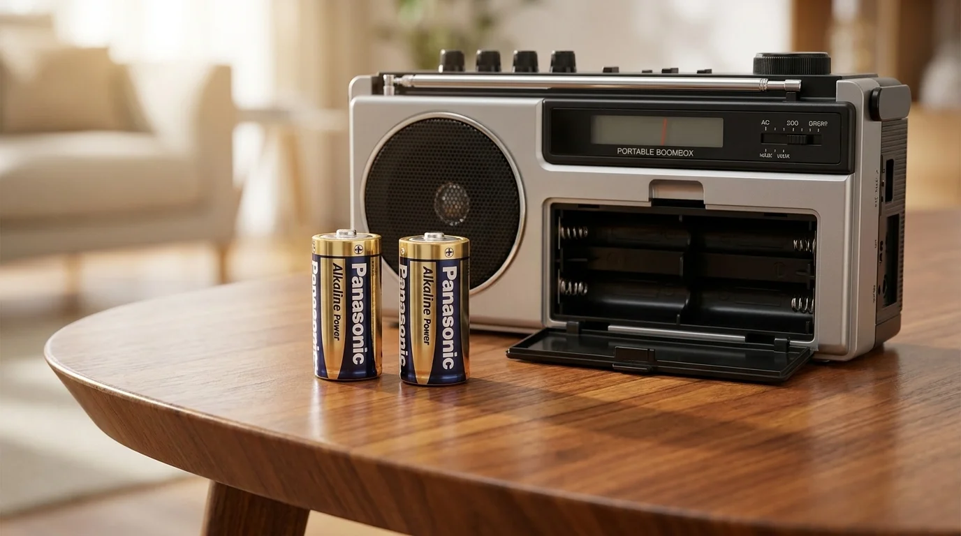 Dvě baterie Panasonic Alkaline Power typu C na dřevěném stole před přenosným rádiem s otevřeným prostorem pro baterie.