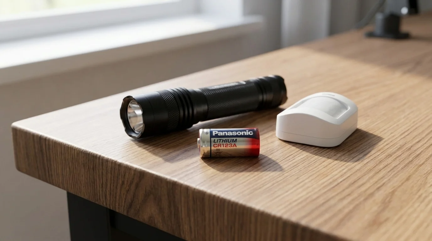 Baterie Panasonic CR123A položená na dřevěném stole vedle černé svítilny a bílého bezpečnostního čidla.