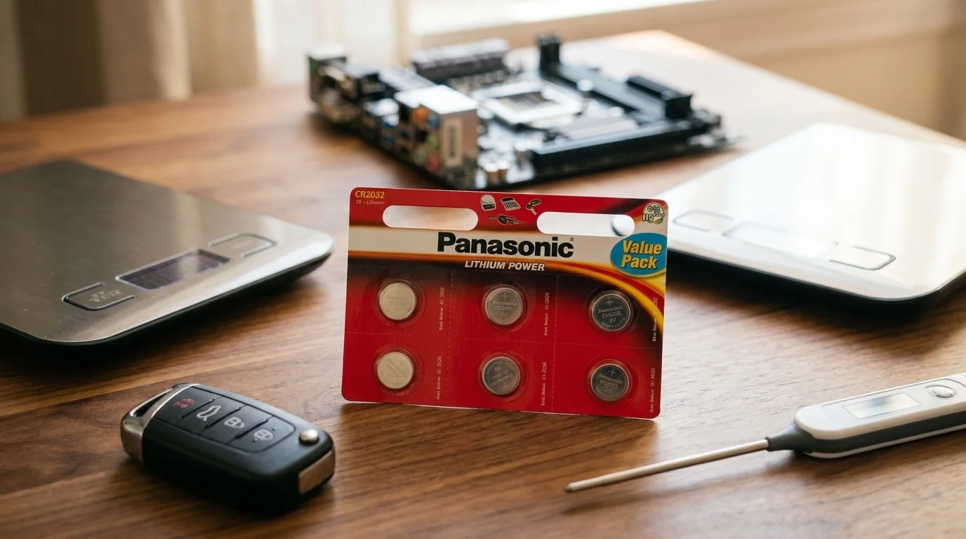 Blistr se šesti knoflíkovými bateriemi Panasonic CR2032 na dřevěném stole mezi autoklíčem, teploměrem a váhou.