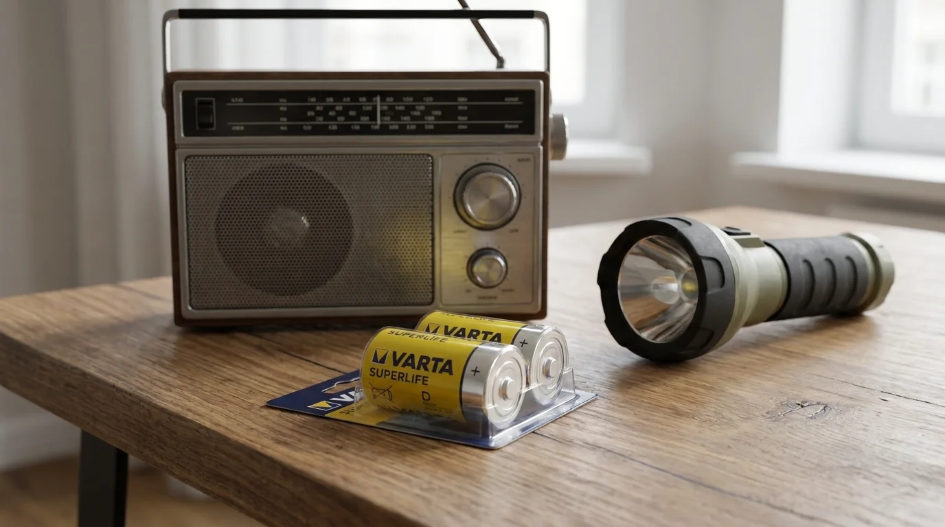 Balení dvou baterií VARTA Superlife D na dřevěném stole vedle svítilny a retro rádia.